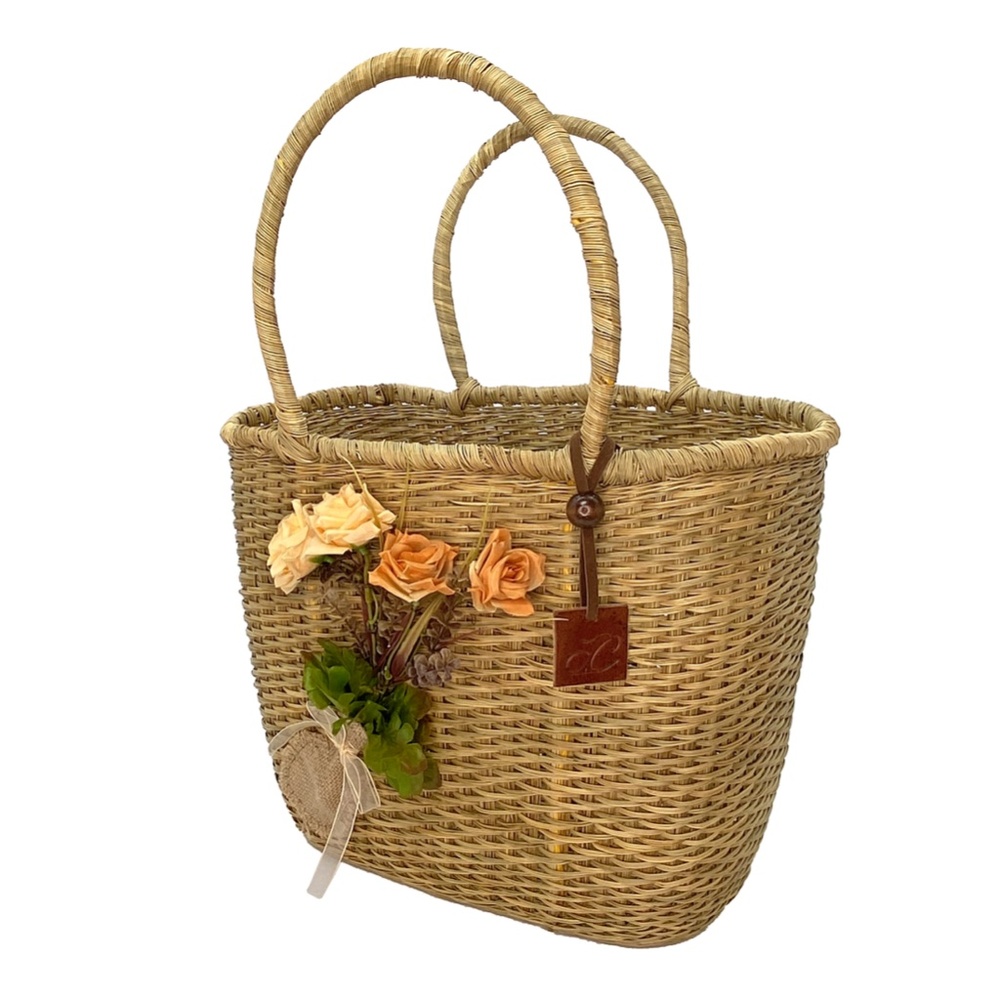 Handcrafted Tote Bag | Esparto Raffia Palm with Satin Bouquet | Handmade New - Picture 2 of 6